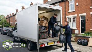 Rubbish removal team loading bags and an armchair into a van outside a UK terraced house