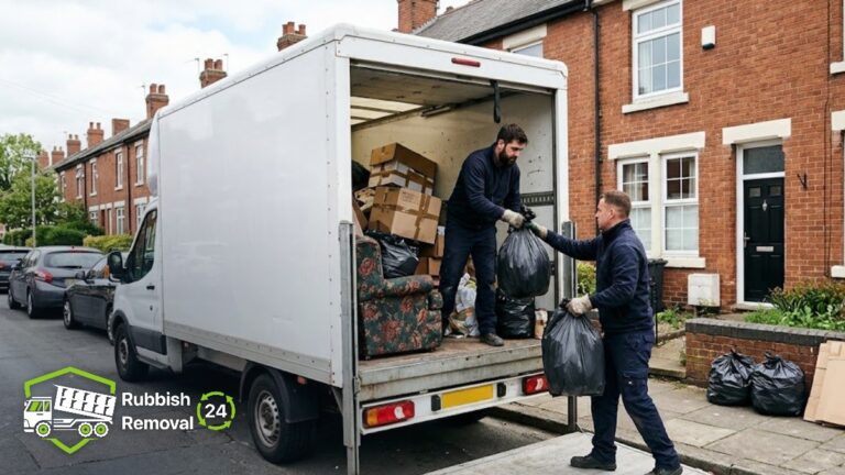 Rubbish removal team loading bags and an armchair into a van outside a UK terraced house