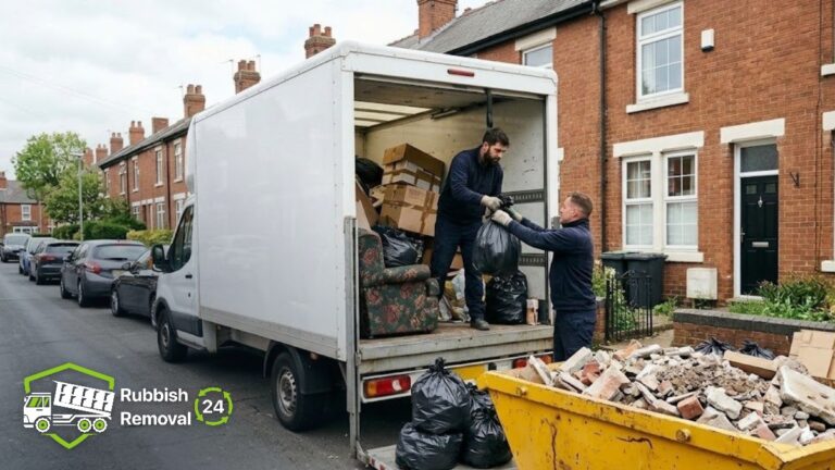 Skip on a UK street beside a rubbish removal van